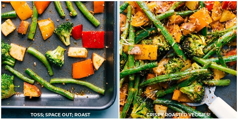 Images of the veggies being roasted for this baked parmesan chicken tenders meal