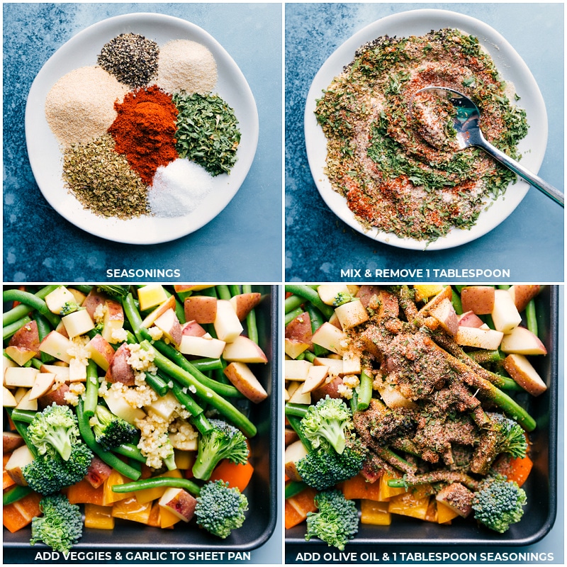 The seasoning is mixed and spread over the veggies for this Baked Parmesan Chicken Tenders recipe.