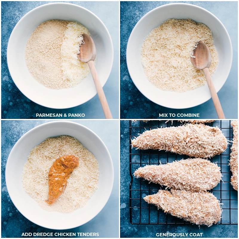 Process shots-- images of the parmesan and Panko mix being prepped and the chicken tenders being dredged in it