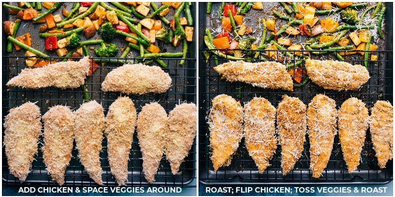 Process shots-- images of the chicken tenders being added to the sheet pan with the veggies on a cooling rack