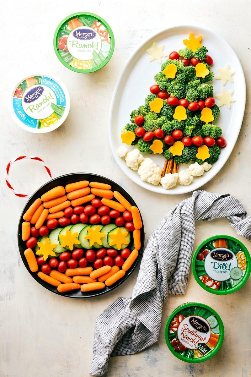 EASY Holiday Veggie Platters!! Two easy ways to dress up your holiday veggie platters! A Christmas Tree and an Ornament made out of veggies with delicious dips! via chelseasmessyapron.com