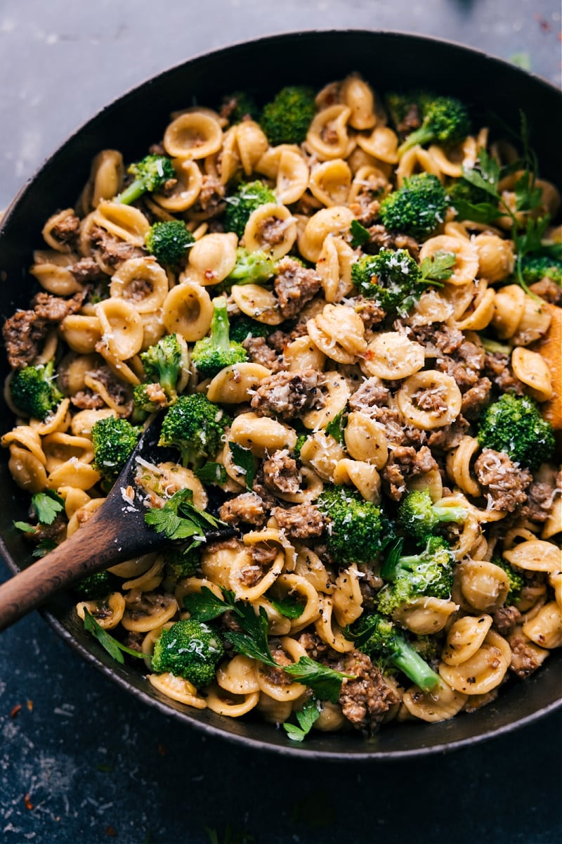 Overhead image of Orecchiette, Sausage, and Broccoli Pasta