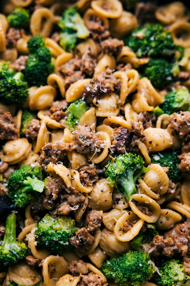Up-close overhead image of Orecchiette, Sausage, and Broccoli Pasta ready to be enjoyed