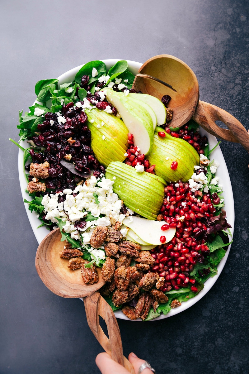 Overhead image of the salad compartmentalized with each ingredient in its own spot.