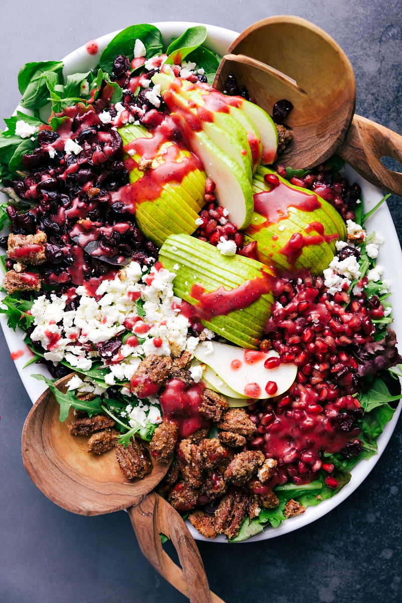 Overhead image of Pear Salad about to be tossed and served.