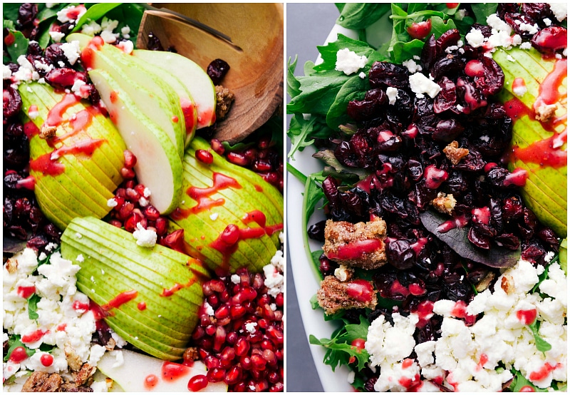 Overhead image of Pear Salad showing the pears and dried cherries with dressing over them.