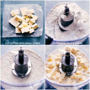 Cubes of butter, flour, salt, sugar, and butter cubes in a food processor.