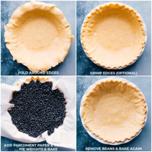 Fluted and crimped pie crust edges with beans placed in the center for baking.