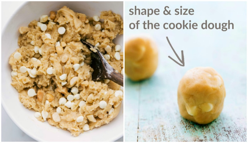 Image of the dough and picture of how the dough should be rolled for these White Chocolate Macadamia Nut Cookies.