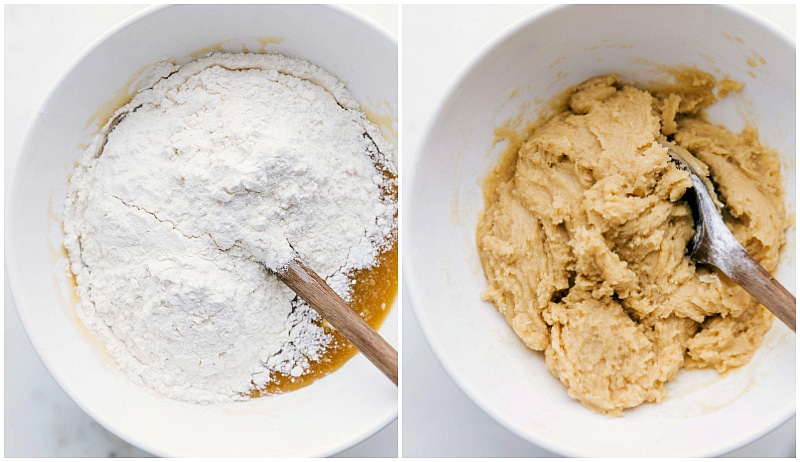 Image of the dry ingredients being added to the wet and then mixed for this White Chocolate Macadamia Nut Cookie recipe.