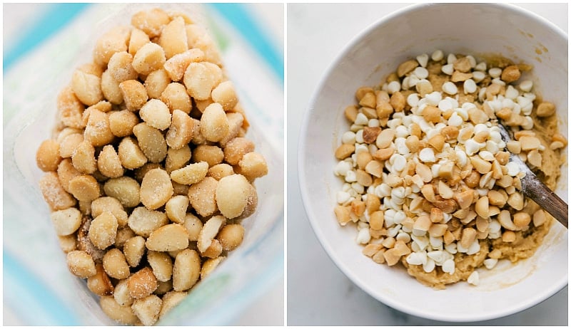 Image of the white chocolate chips and macadamia nuts being added to the cookie dough.