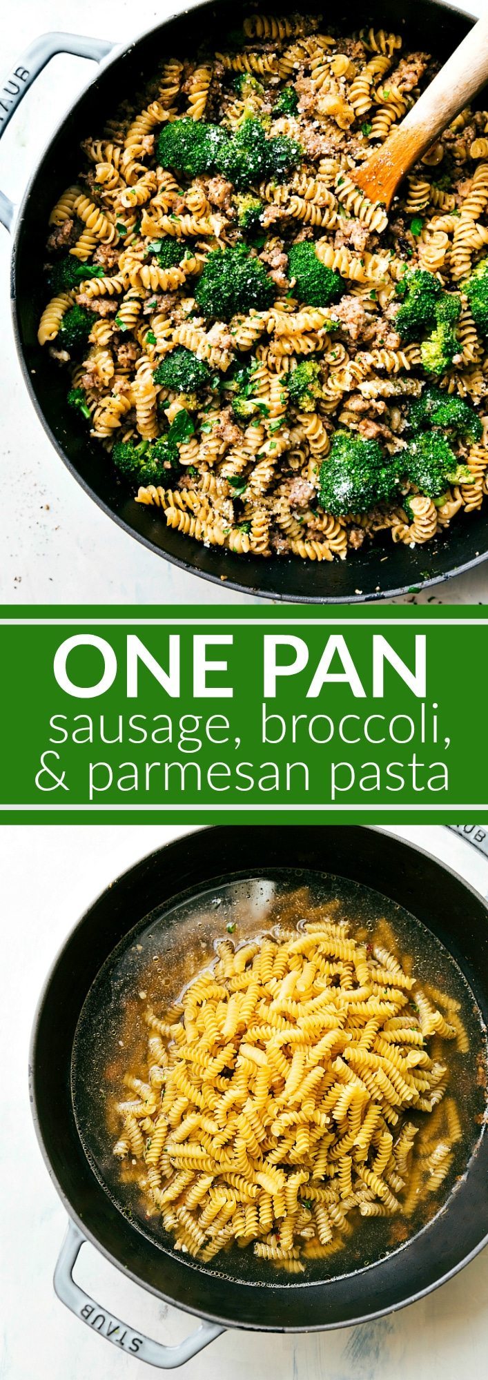 An easy, delicious, wholesome dinner of parmesan and herb pasta, ground Italian sausage & broccoli all made in just ONE pan! via chelseasmessyapron.com