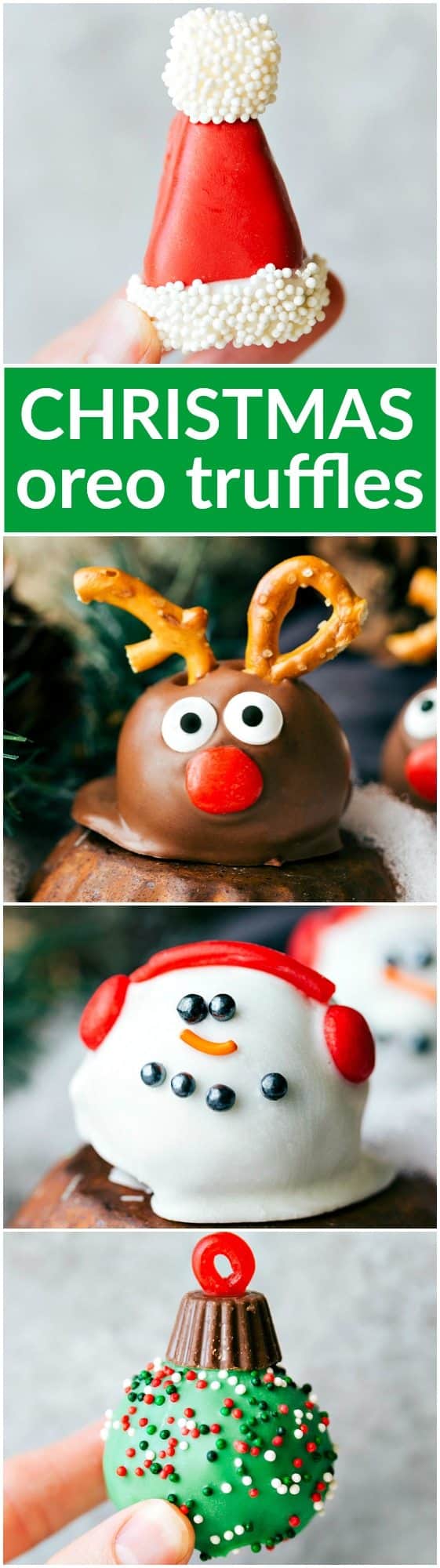 Five different ways to dress up an OREO Cookie truffle for Christmas -- Santa's hat, Reindeer, Ornament, Snowman, and the