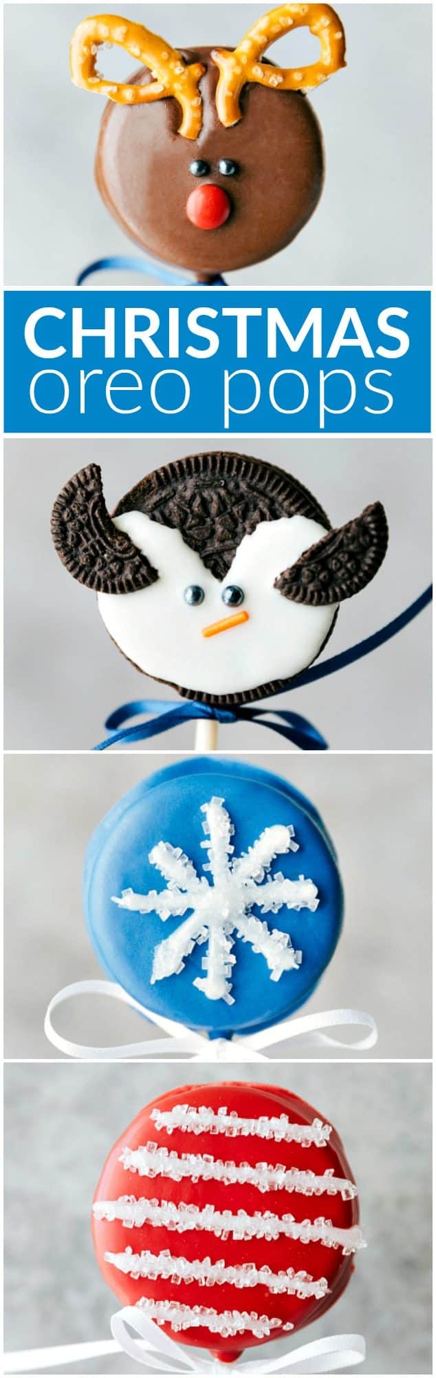 FOUR adorable and easy to make Christmas Oreo Pops! All with FIVE ingredients or less: penguin, snowflake, reindeer, and candy cane. Via chelseasmessyapron.com
