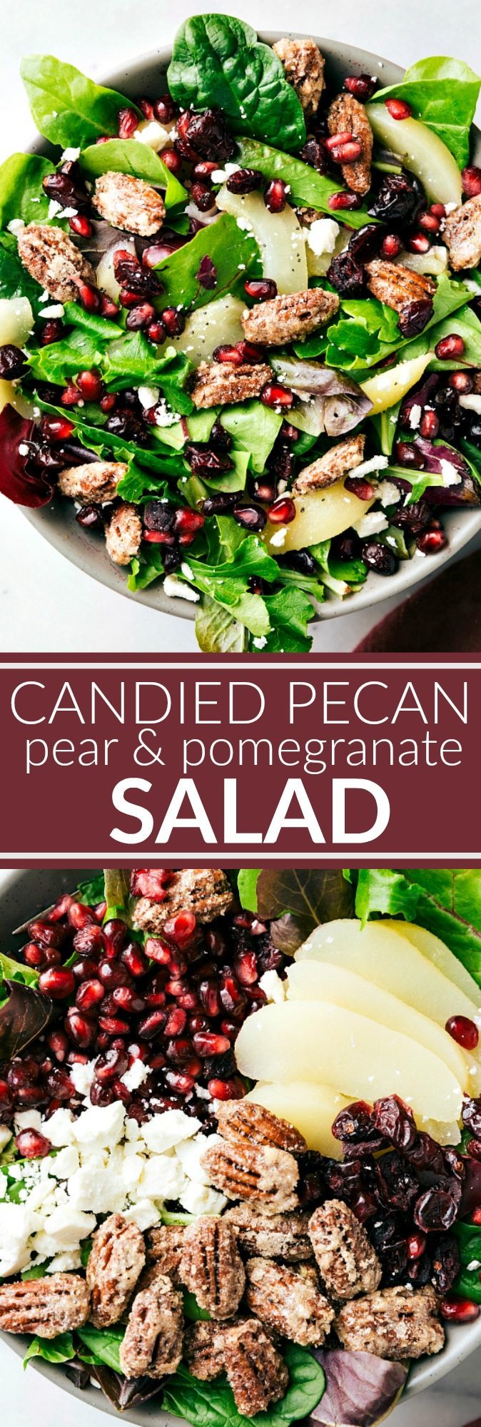 BEST HOLIDAY SALAD! An easy to make and delicious side salad -- candied pecans, pears, pomegranates, dried cranberries, and feta cheese with a simple incredible raspberry poppyseed dressing. via chelseasmessyapron.com