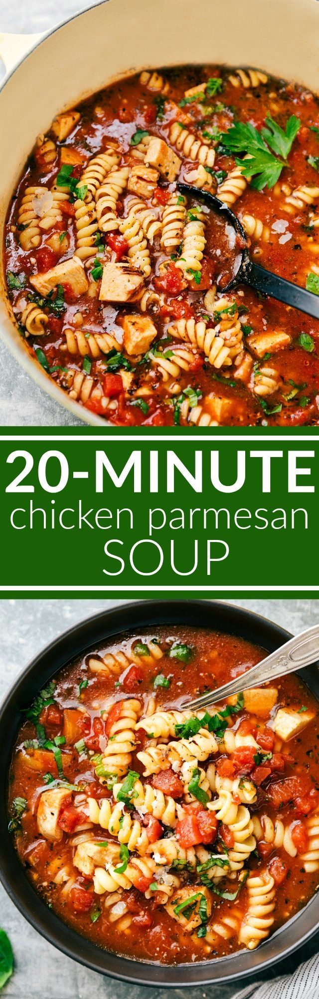 Twenty minutes TOTAL for this delicious, healthy, and easy chicken parmesan soup to be on your table! This is a soup the entire family will go nuts over! via chelseasmessyapron.com