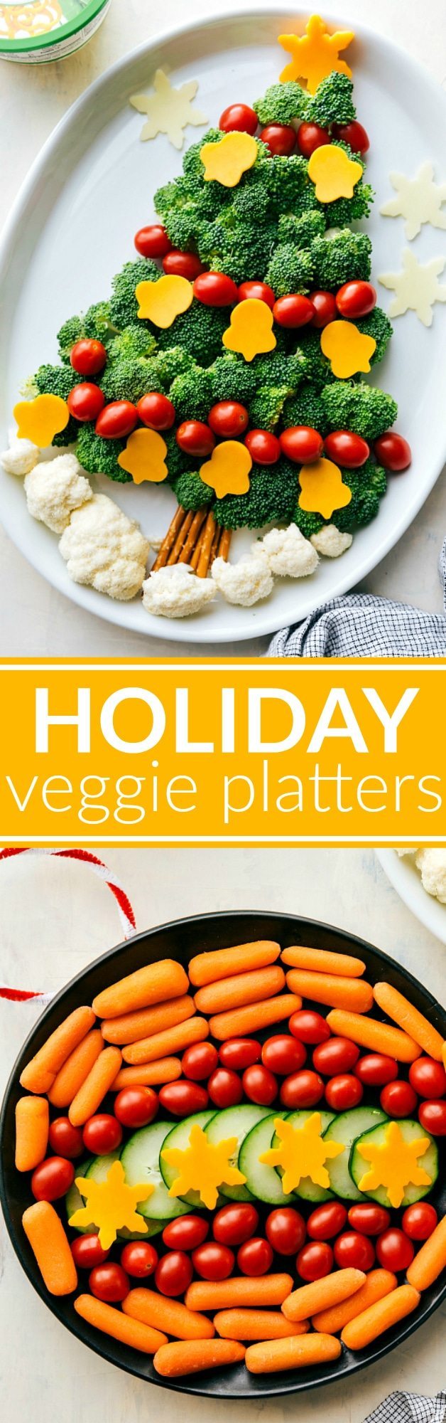EASY Holiday Veggie Platters!! Two easy ways to dress up your holiday veggie platters! A Christmas Tree and an Ornament made out of veggies with delicious dips! via chelseasmessyapron.com
