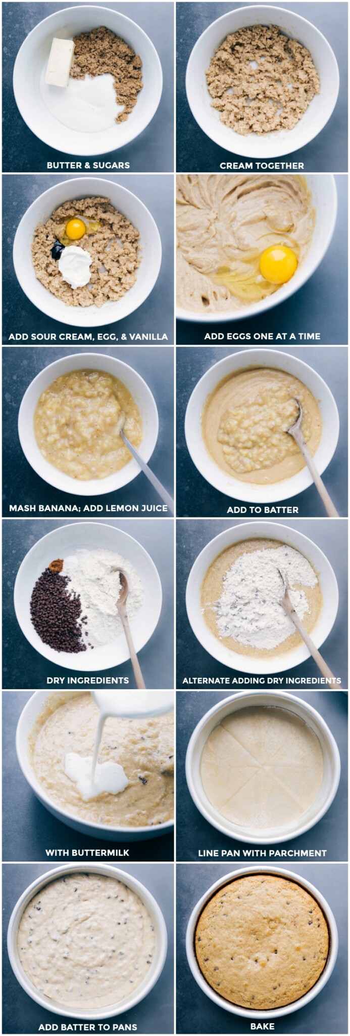 Images of the wet and dry ingredients being mixed together; poured into a prepared cake pan; and being baked.