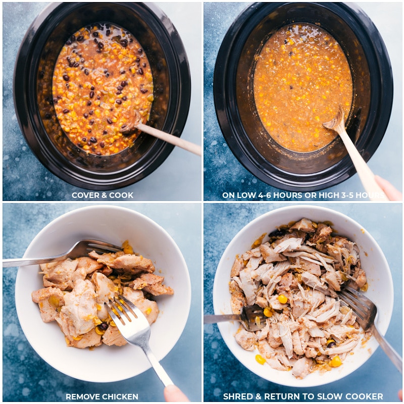 Process shots of chicken corn chowder-- images of the recipe being cooked and the chicken being removed and shredded and returned to the slow cooker.