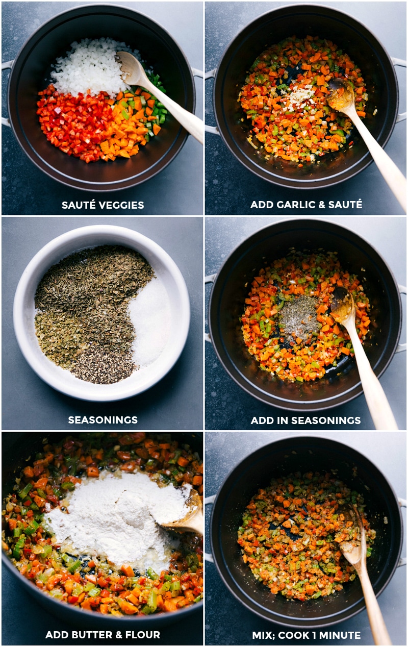 Vegetables being sautéed, seasonings added, and butter and flour combined to create a roux for soup.