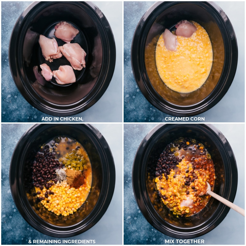 Process shots: images of chicken, corn, and remaining ingredients added to a slow cooker.
