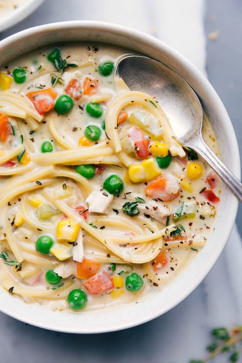 Overhead image of Creamy Chicken Noodle Soup with a spoon in the bowl.