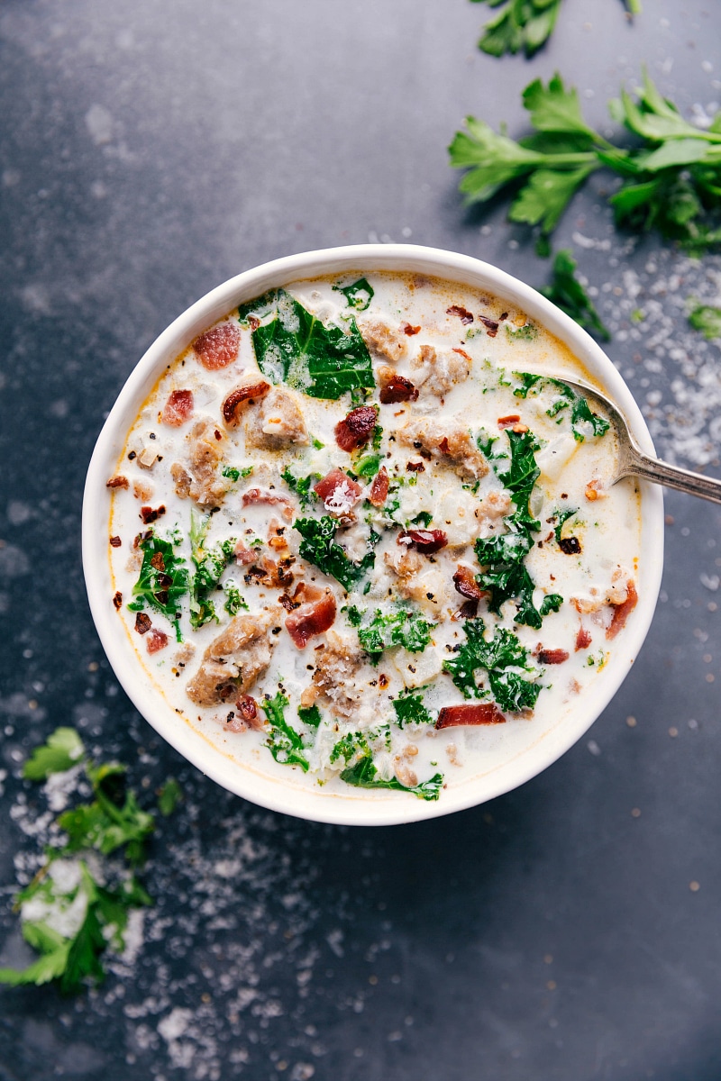 Overhead image of Easy Zuppa Toscana in a bowl with a spoon in it.