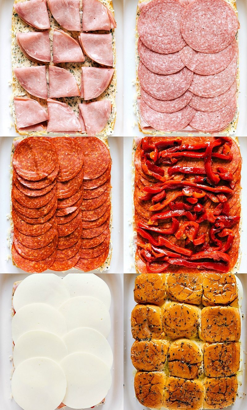 EASY BAKED ITALIAN SLIDERS! Easy baked Italian sliders with ham, salami, pepperoni, roasted red peppers, and provolone. These sliders are so quick, easy, and make the perfect appetizer! I chelseasmessyapron.com