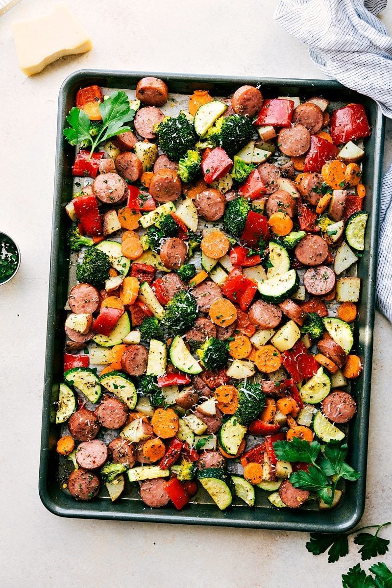 ONE PAN Healthy Italian Sausage & Veggies! Easy and delicious! Great MEAL PREP OPTION! via chelseasmessyapron.com