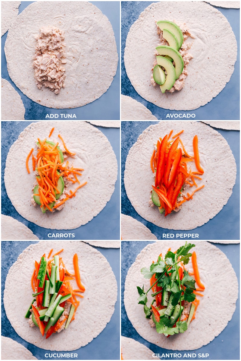 Process shots: add tuna to the tortilla; add avocado, carrots, pepper, cucumber, cilantro, salt and pepper.