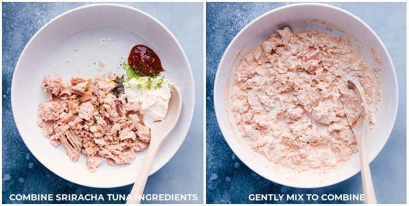 Process shots: combine tuna with the Sriracha sauce ingredients; mix gently.