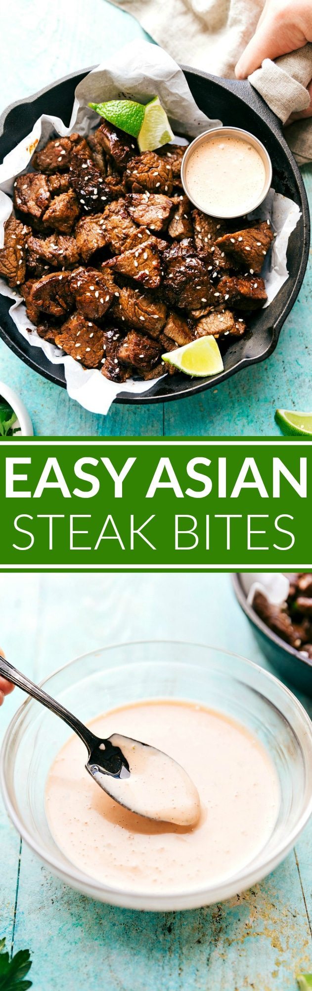 ASIAN STEAK BITES! Easy to make Asian steak bites -- ready in 30 minutes or less! Plus an insanely good dipping sauce that requires only four ingredients! I chelseasmessyapron.com