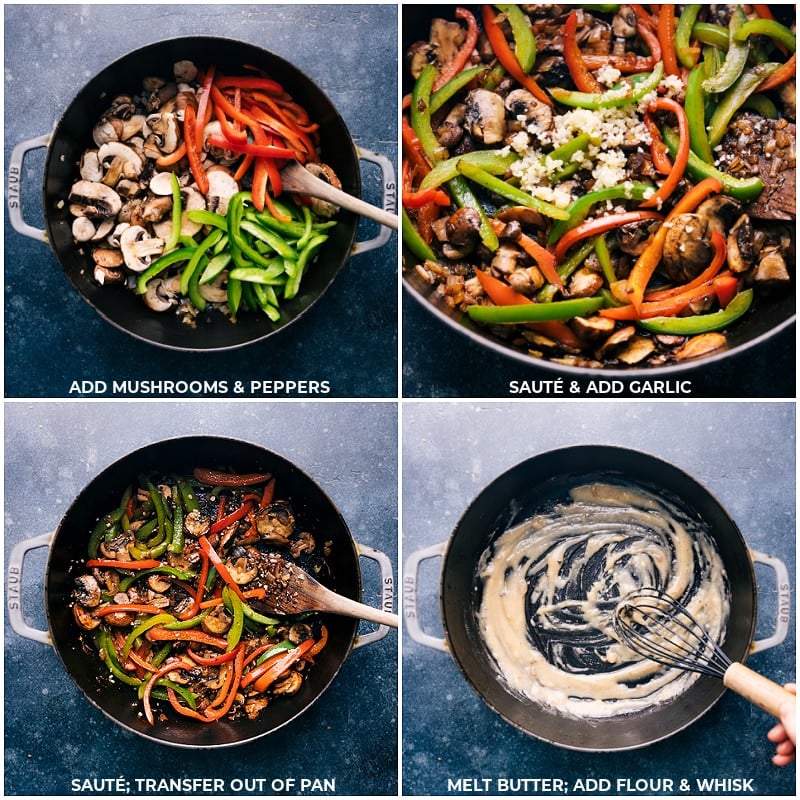 Process shots: sautee mushrooms, peppers and garlic; transfer out of pan; create the sauce by melting butter and whisking in flour