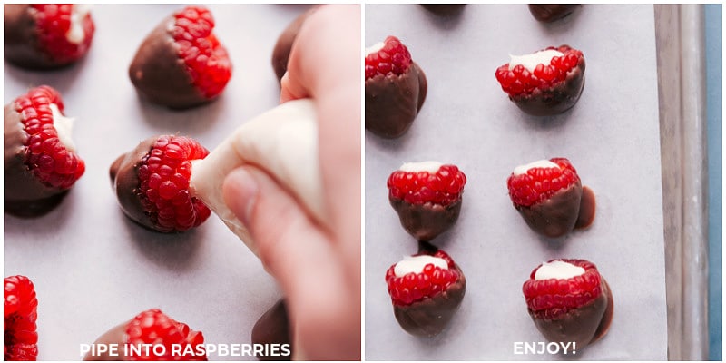 Process shots of the Chocolate-Covered Raspberries-- images of the the cheesecake being piped into the center