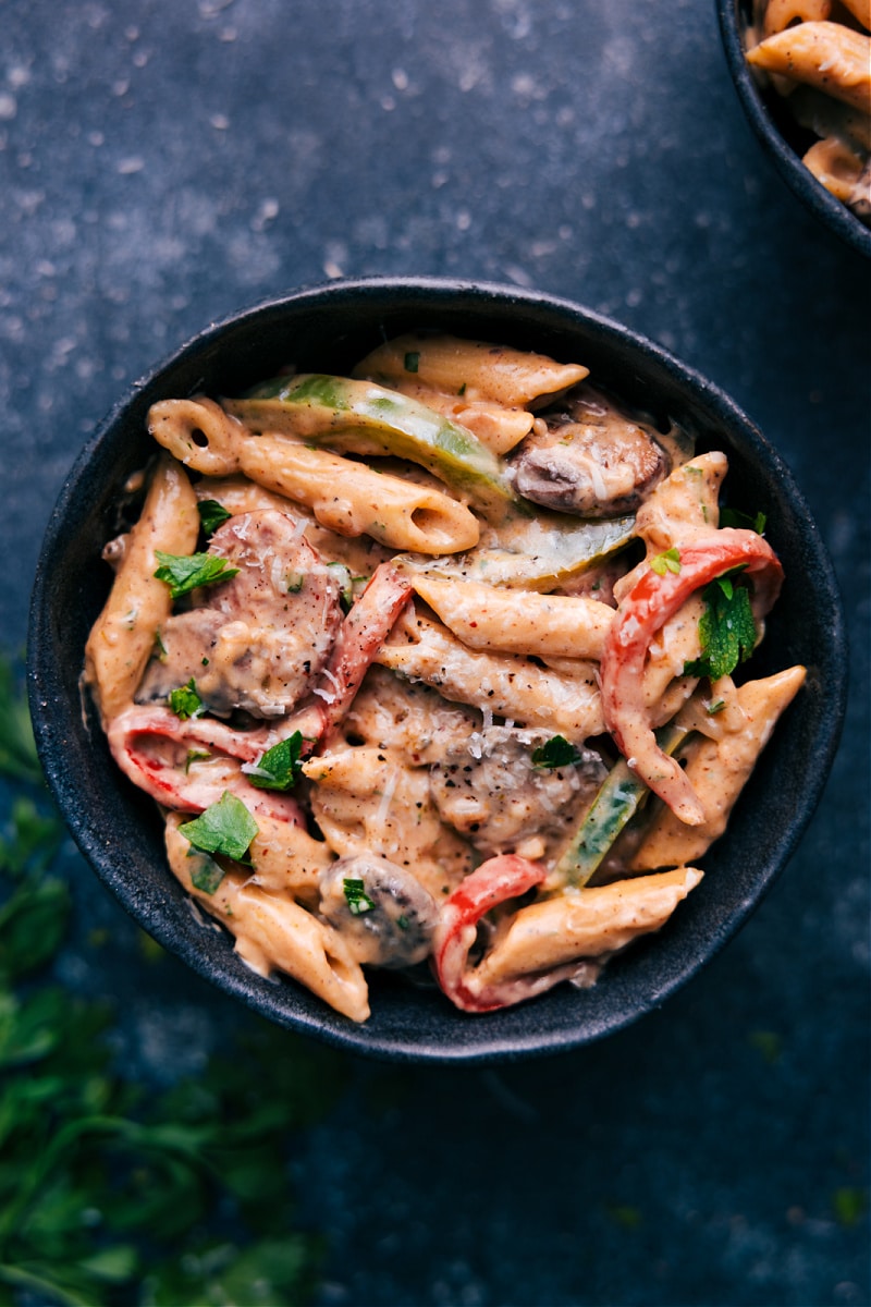 Overhead view of Cajun Sausage Pasta