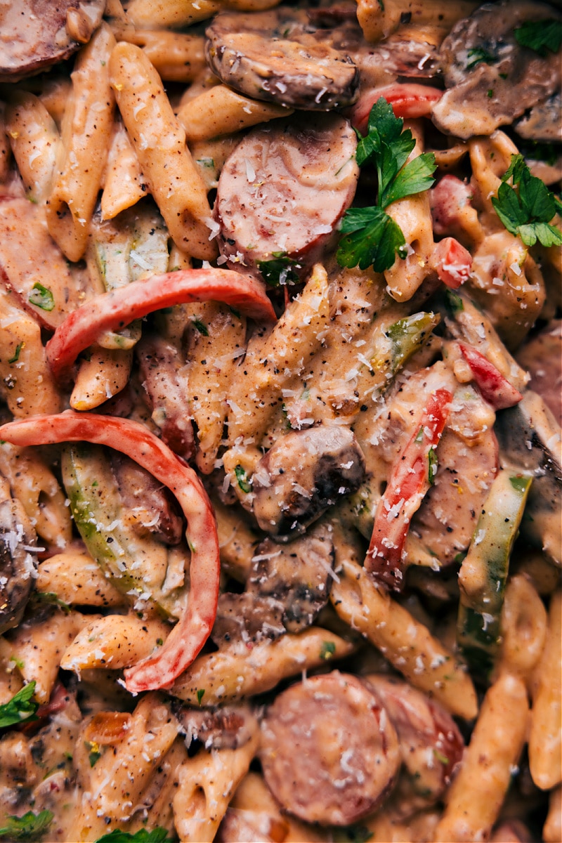 Close-up view of Cajun Sausage Pasta