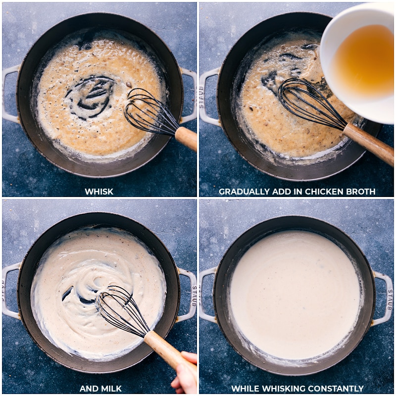 Whisk the sauce; sir in chicken broth and milk; whisk constantly for this Cajun Sausage Pasta.
