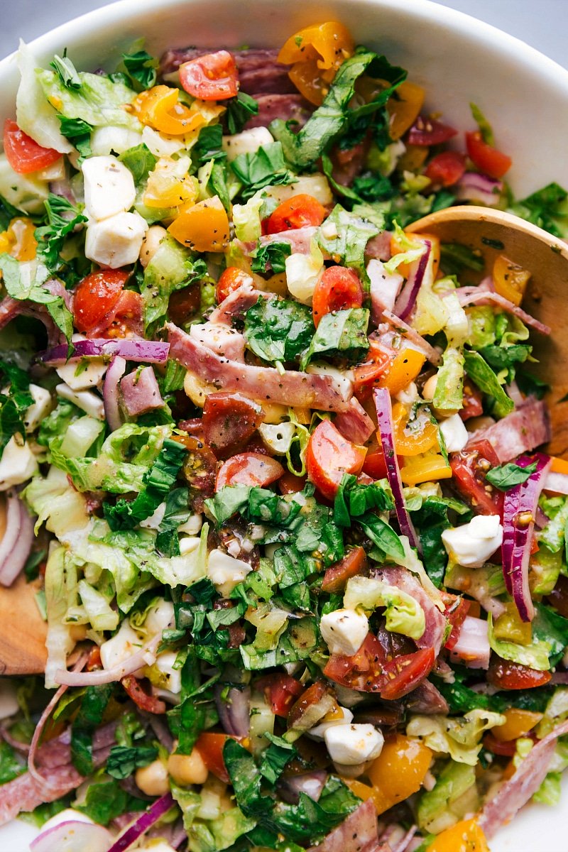Up-close overhead image of the Italian Chopped Salad, ready to be eaten.