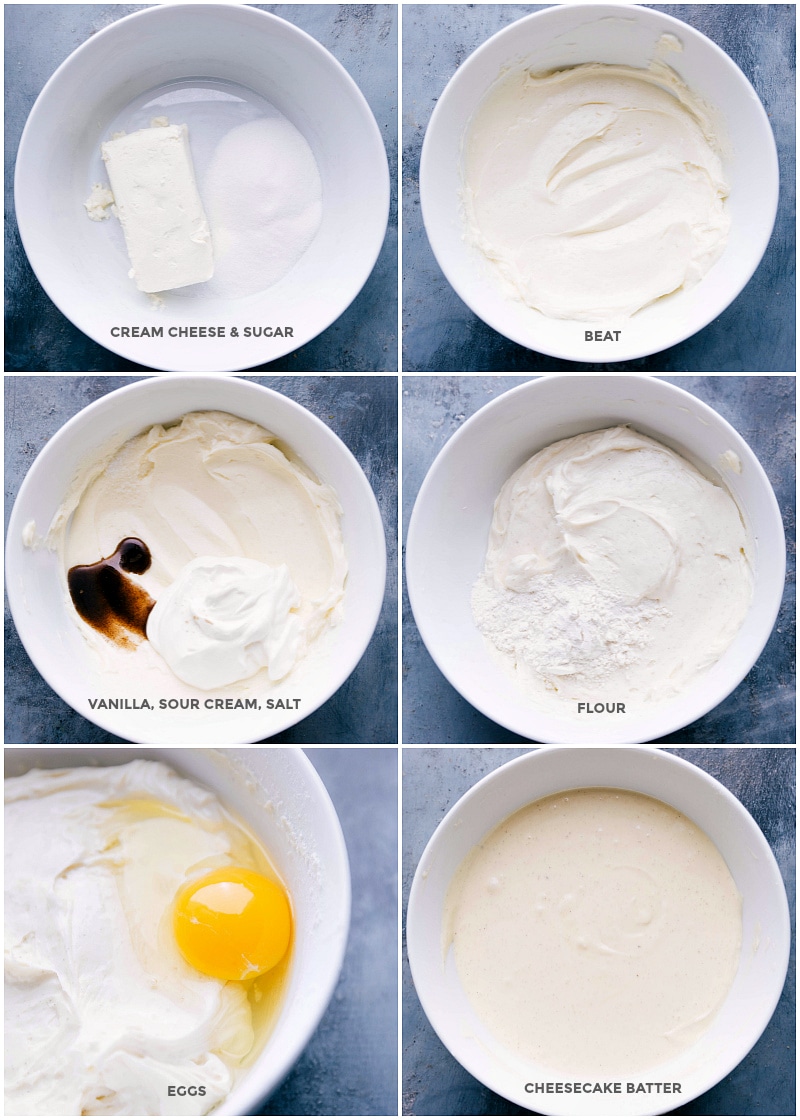Images of the cheesecake batter being made from scratch, showing all the ingredients being added and then mixed together.