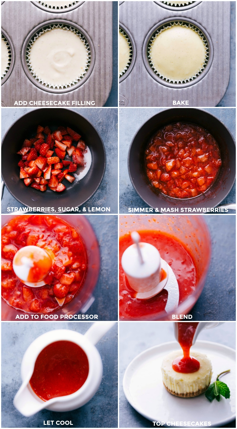 Images of the of the Mini Cheesecakes ready to be baked; making the strawberry filling by cutting and then simmering the berries, processing with sweetener; strawberry sauce in a pitcher; sauce being poured over the cheesecakes.nd then the strawberry filing being added on top