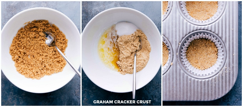 Overhead images of the graham cracker crust being made and then put in the cupcake liners.