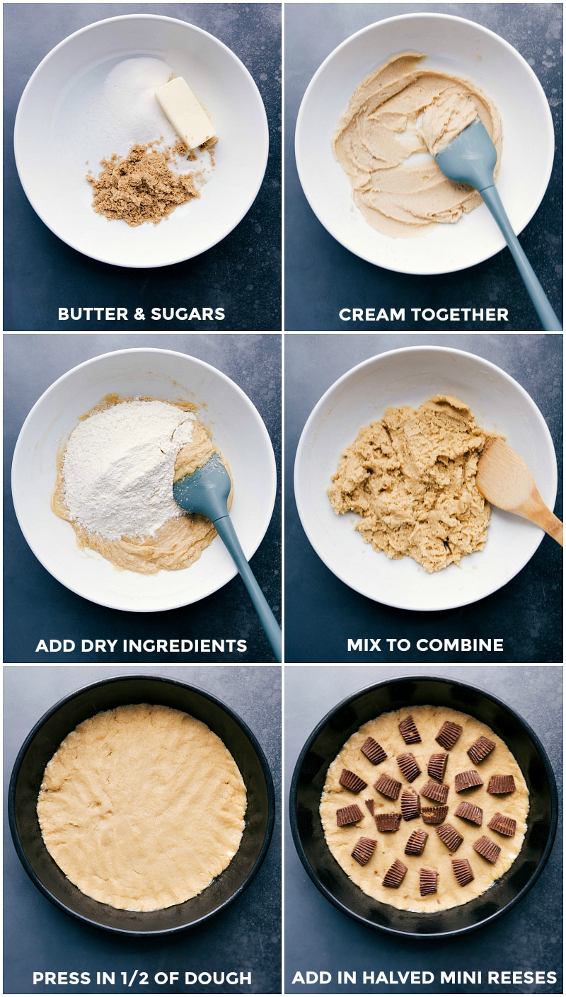 Dough preparation: combining butter and sugars, creaming them, adding dry ingredients, and pressing half into a pan with mini Reese's candies.