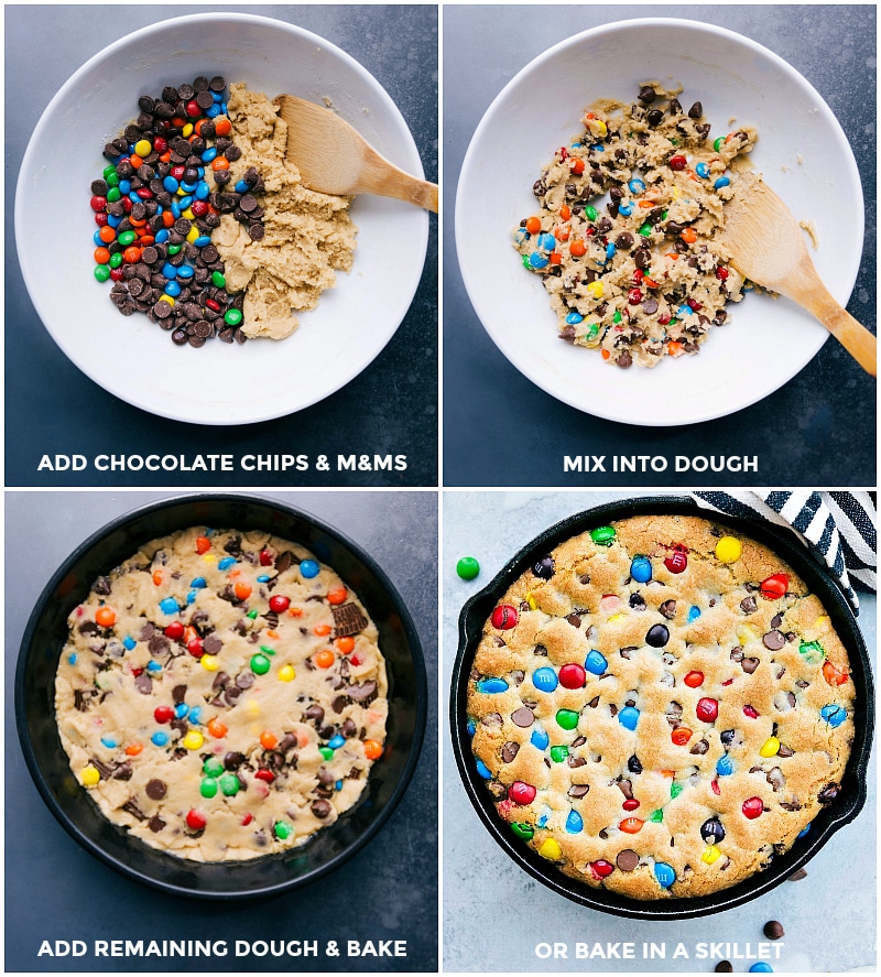Process shots: adding chocolate chips and M&M's to the dough; mixing it all together; adding it to the pan; the finished Pizookie.