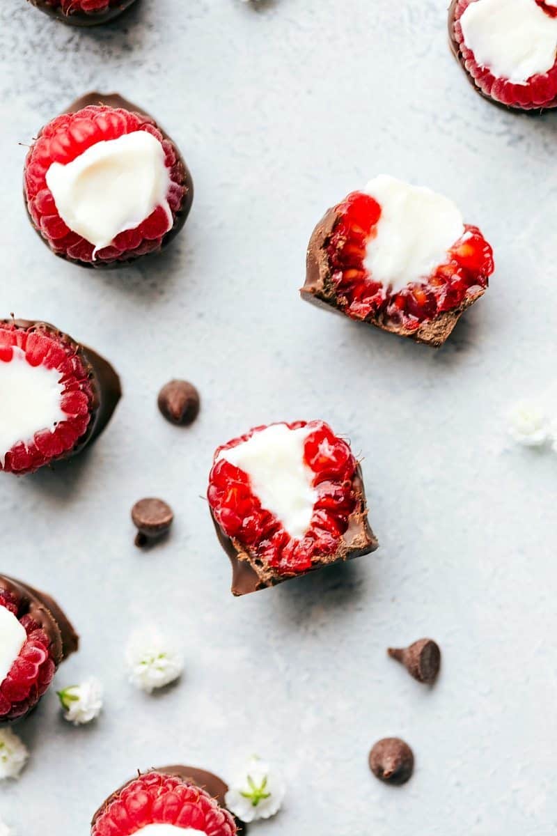 Up-close overhead image of the Chocolate-Covered Raspberries cut in half