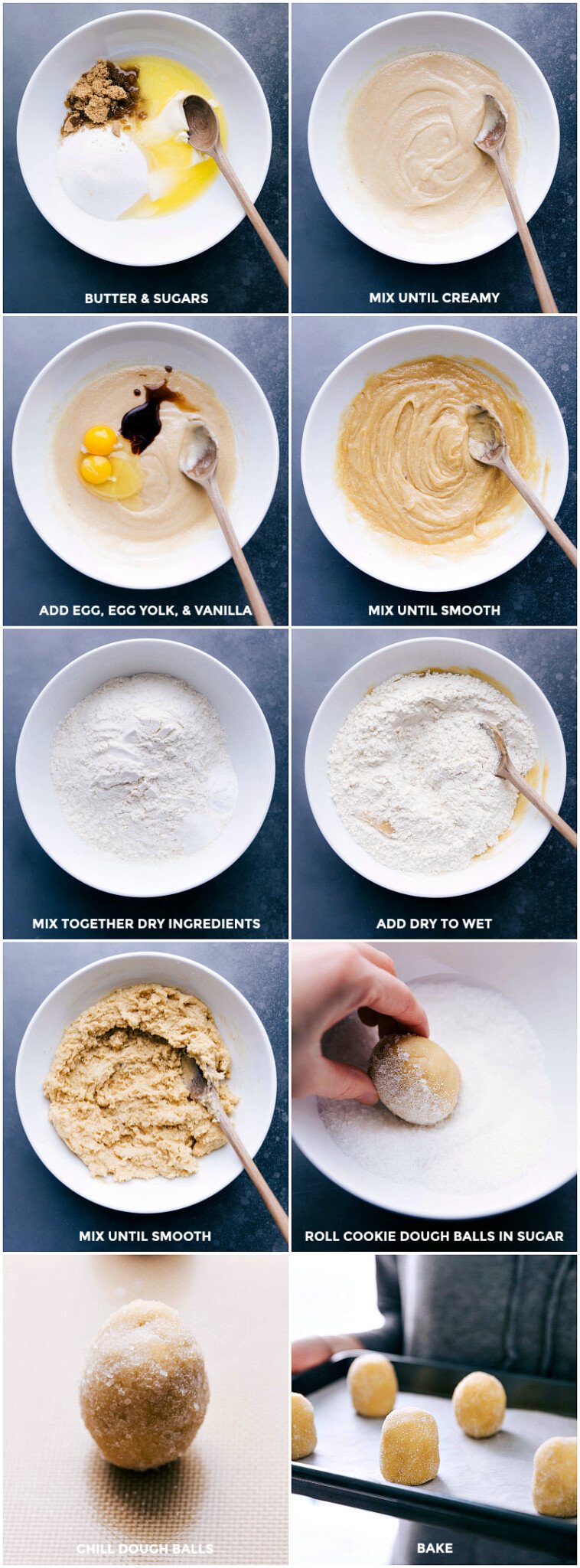 Combining and mixing butter and sugars, adding egg, yolk, and vanilla, and mixing until smooth. Mixing dry ingredients and adding them to wet ingredients, mixing until smooth. Rolling dough balls in sugar, chilling dough balls, and baking.