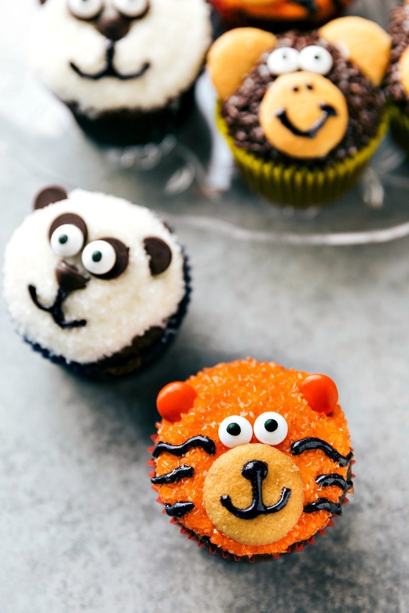 EASY JUNGLE CUPCAKES! Four simple and easy to make animal jungle cupcakes -- a zebra, monkey, tiger, and a panda. I chelseasmessyapron.com