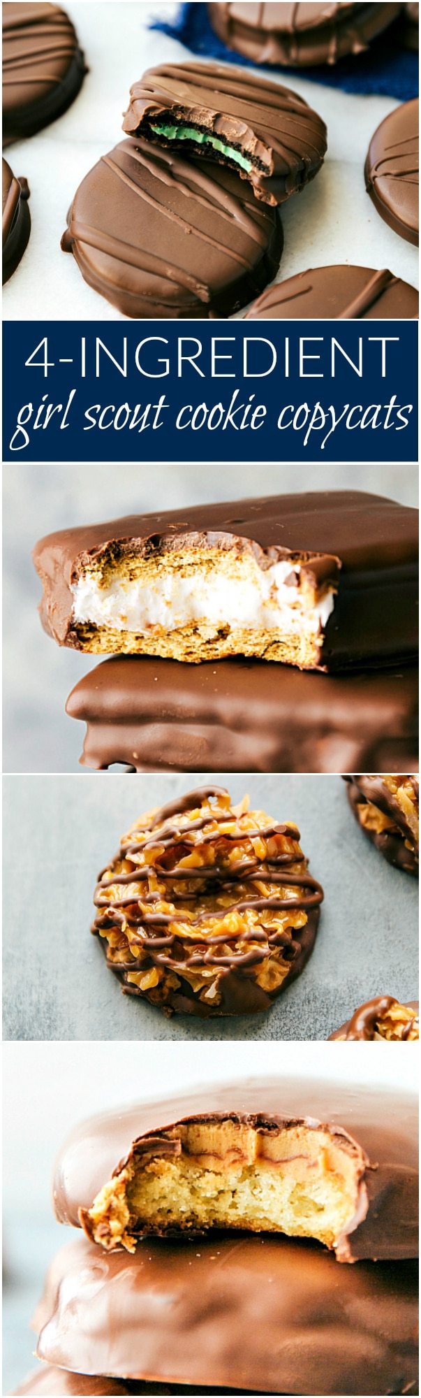 A collection of four different and simple Girl Scout Cookie copycats all with 4-ingredients OR less! Thin Mints, S'mores Sandwich Cookies, S'amoas, and Tagalongs! via chelseasmessyapron.com