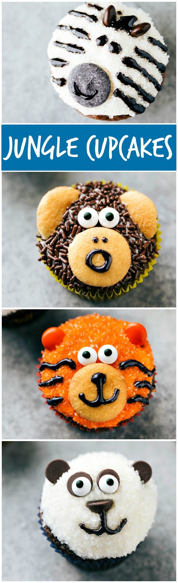 EASY JUNGLE CUPCAKES! Four simple and easy to make animal jungle cupcakes -- a zebra, monkey, tiger, and a panda. via chelseasmessyapron.com