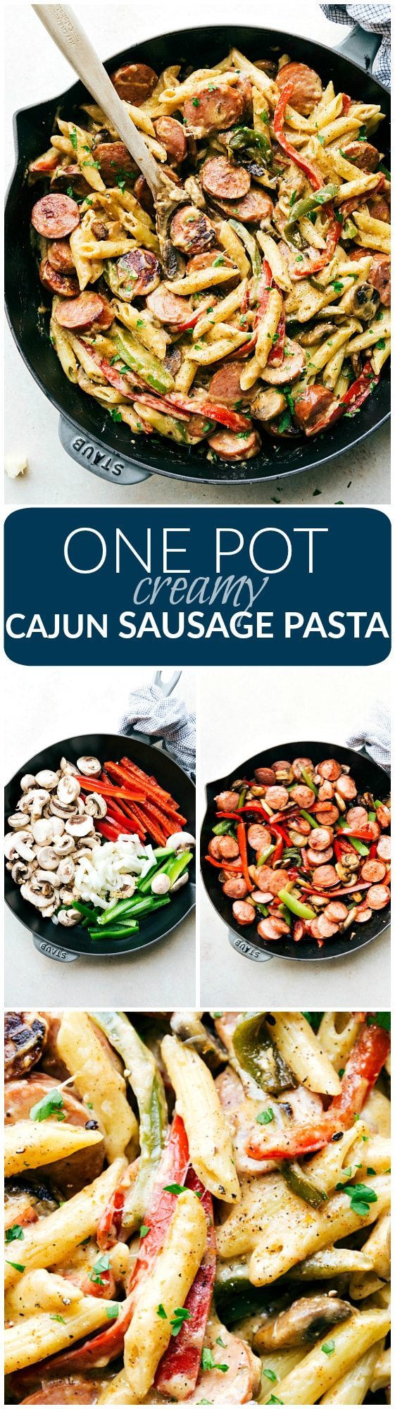 An easy one pot creamy cajun sausage and veggie pasta made healthier and a little lighter! via chelseasmessyapron.com