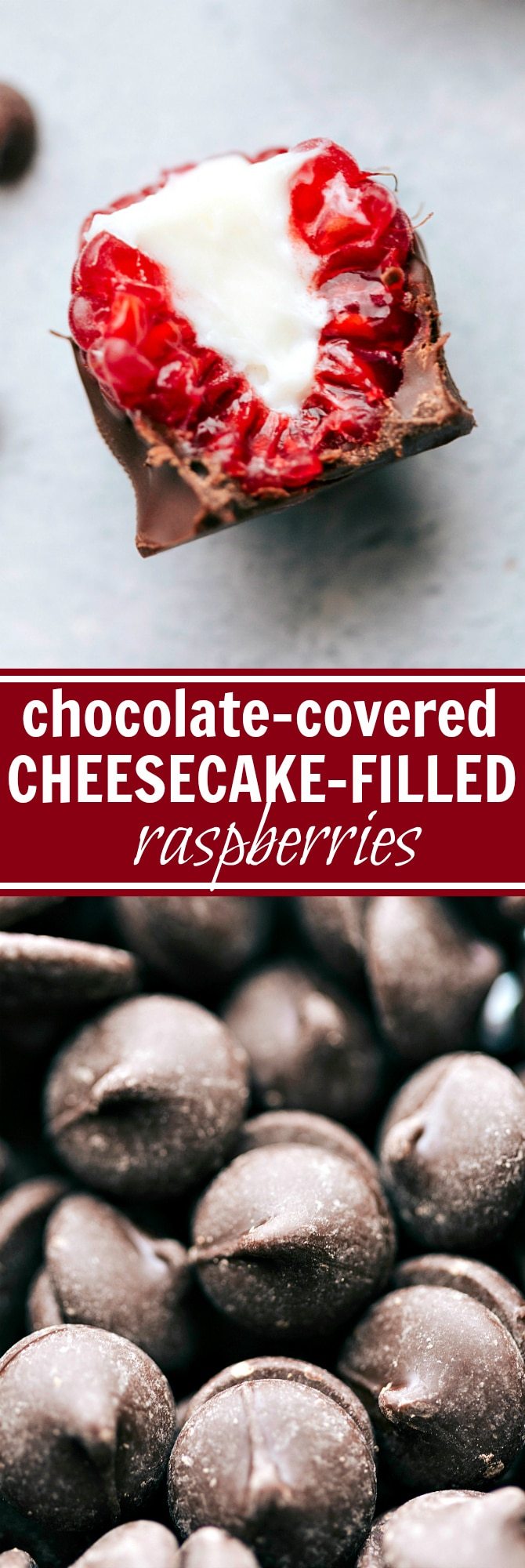 CHEESECAKE FILLED RASPBERRiES! Only FOUR ingredients to make these amazing chocolate-dipped and cheesecake-filled raspberries. via chelseasmessyapron.com